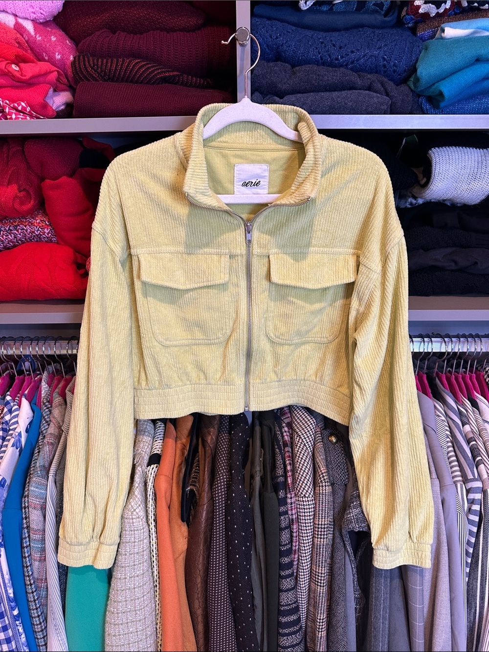 Aerie lime green long sleeve front zipper 2 pocket corduroy cropped top size S